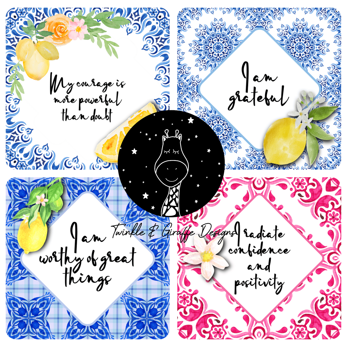 Mediterranean Blue Tiles and Lemons Affirmation Cards - Set of 20-3